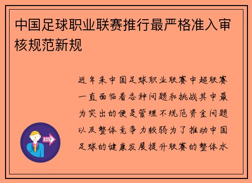 中国足球职业联赛推行最严格准入审核规范新规 中国足球职业联赛推行最严格准入审核规范新规